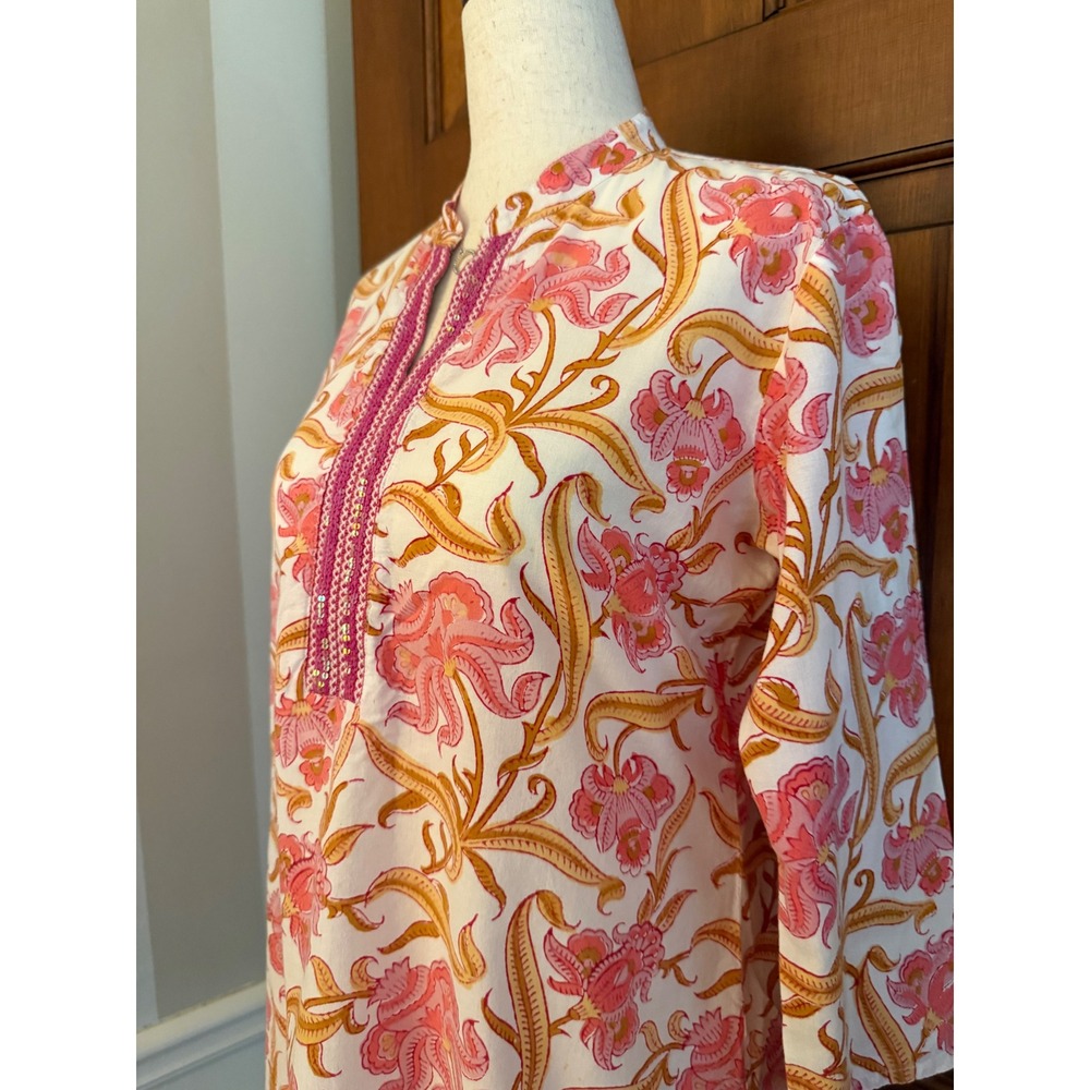 Westside Printed Cotton Tunic Shirt Womens Size M Floral Pink Sequin Lightweight - Picture 2 of 14